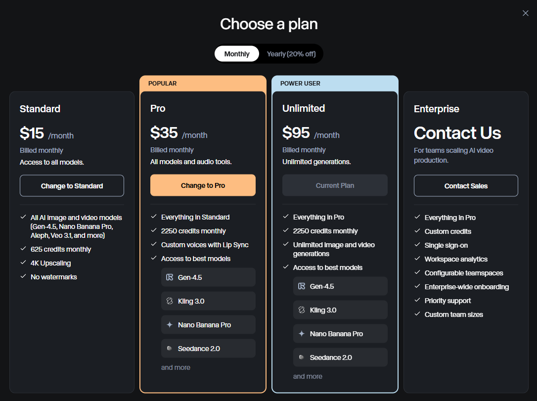 Runway ML Pricing Plans